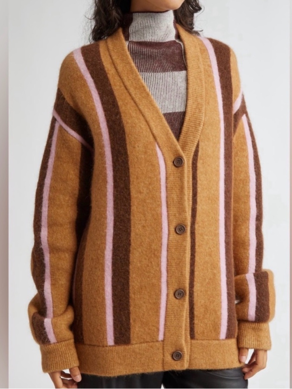 STINE GOYA STRIPED GRANDPA CARDIGAN  SWEATER PINK & Brown Size Small Oversized